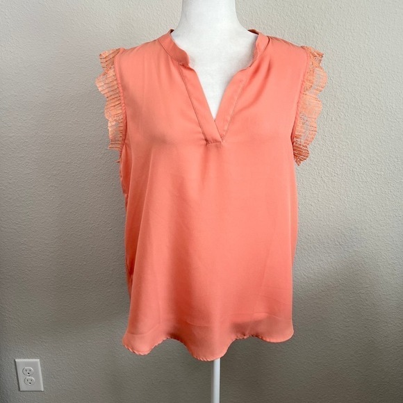 Gibson Blouse Women's Size M Coral Lace Relaxed Short Sleeve Flowy Dressy Top - Picture 6 of 9